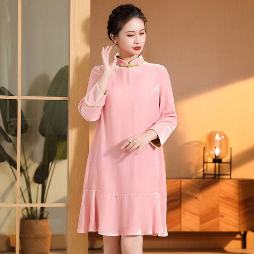 真丝丝绒改良宽松九分袖大摆纯色国风连衣裙AYK-QF-220712 商品图0