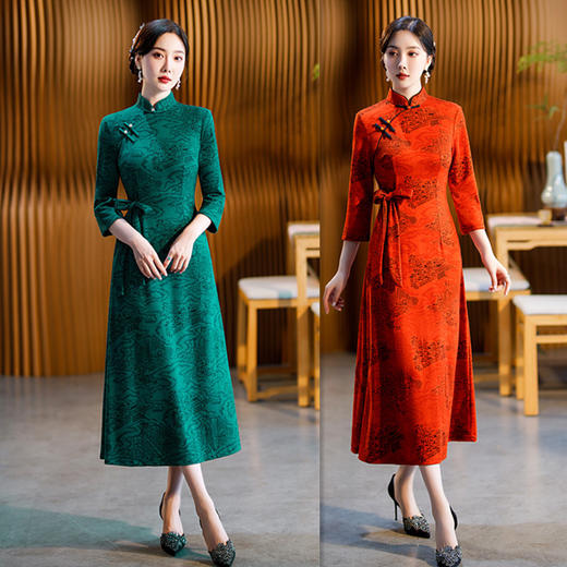 日常时尚改良长款七分袖腰带旗袍大摆裙旗袍GX 商品图3