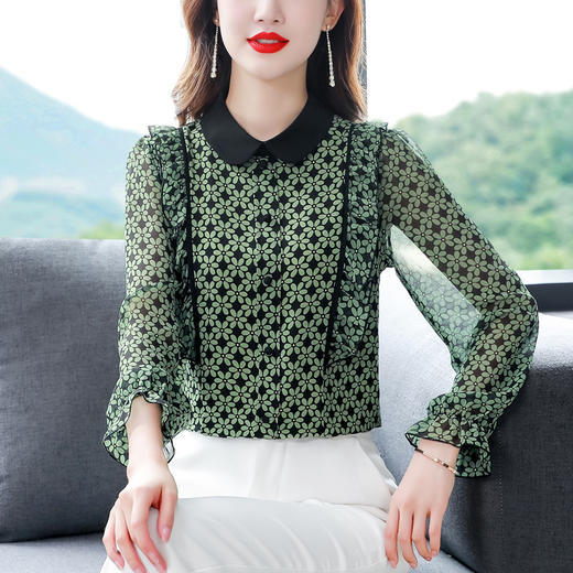 KQL E216N003气质撞色翻领拼接荷叶边百搭碎花衬衫 商品图1