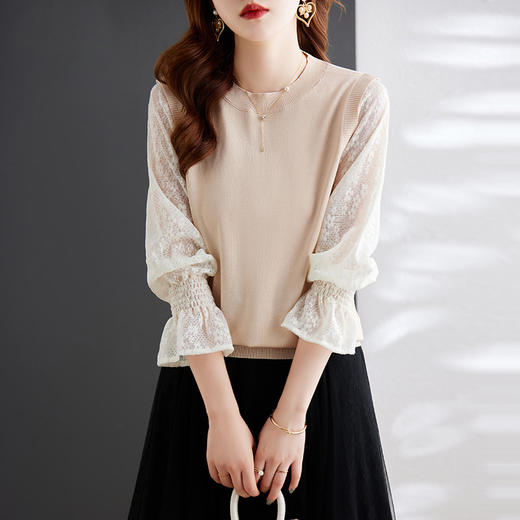 喇叭泡泡袖蕾丝针织衫时尚洋气拼接圆领别致上衣 MGG-XMYQ-Q079 商品图1