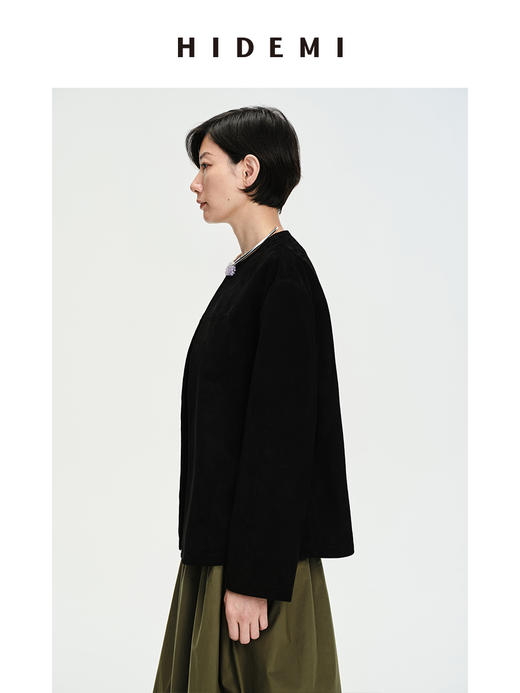 HIDEMI 黑色极简圆领麂皮中短款皮衣外套 商品图3