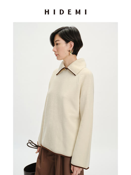HIDEMI 美利奴羊毛加厚款极简线条感镶嵌拼色针织翻领毛衣半身裙茧型裙套装 商品图12