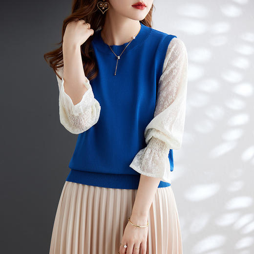 喇叭泡泡袖蕾丝针织衫时尚洋气拼接圆领别致上衣 MGG-XMYQ-Q079 商品图2