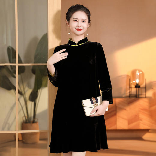 真丝丝绒改良宽松九分袖大摆纯色国风连衣裙AYK-QF-220712 商品图1