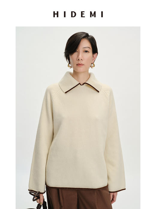 HIDEMI 美利奴羊毛加厚款极简线条感镶嵌拼色针织翻领毛衣半身裙茧型裙套装 商品图11