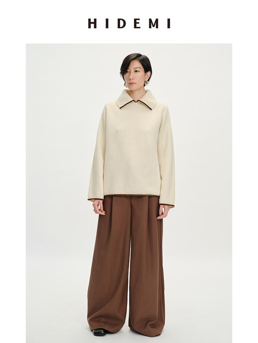 HIDEMI 美利奴羊毛加厚款极简线条感镶嵌拼色针织翻领毛衣半身裙茧型裙套装 商品图8