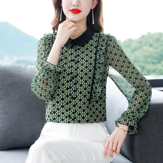 KQL E216N003气质撞色翻领拼接荷叶边百搭碎花衬衫 商品图3