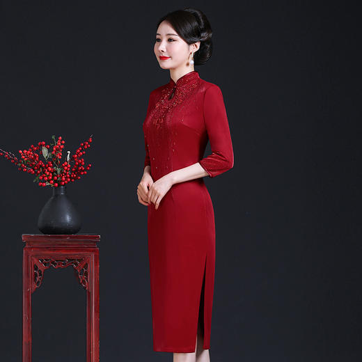 JC-62308秋冬季新款中长款喜婆婆婚礼装婚礼裙立领连衣裙 商品图2