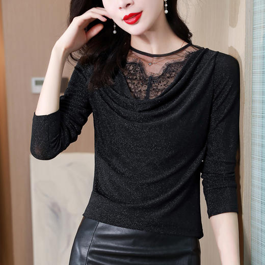 秋季打底衫，新款亮丝上衣V领长袖修身t恤欧货时尚洋气小衫KQL-8221 商品图0