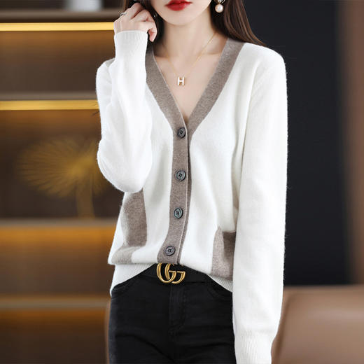 秋冬新款开衫V领撞色外穿毛衣宽松百搭针织外套HT-YX3351-3 商品图1