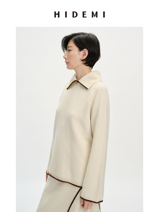 HIDEMI 美利奴羊毛加厚款极简线条感镶嵌拼色针织翻领毛衣半身裙茧型裙套装 商品图5
