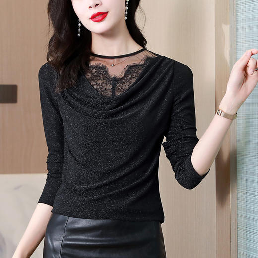 秋季打底衫，新款亮丝上衣V领长袖修身t恤欧货时尚洋气小衫KQL-8221 商品图1