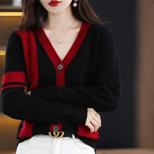 秋冬新款开衫V领撞色外穿毛衣宽松百搭针织外套HT-YX3351-3 商品图4