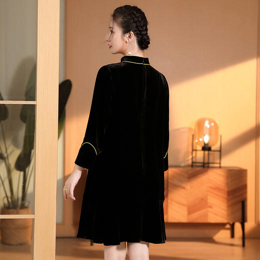 真丝丝绒改良宽松九分袖大摆纯色国风连衣裙AYK-QF-220712 商品图3