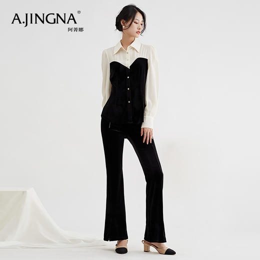 【特价不退换】阿菁娜法式优雅气质丝绒拼接修身衬衫喇叭裤两件套F27Q230003 商品图1