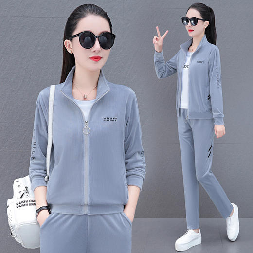 秋季金丝绒套装，新款春秋妈妈时尚跑步宽松立领运动服三件套TR-68861 商品图5