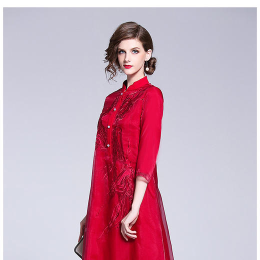 中式复古欧根纱茶服刺绣改良旗袍中长款连衣裙 YFN18156 商品图6