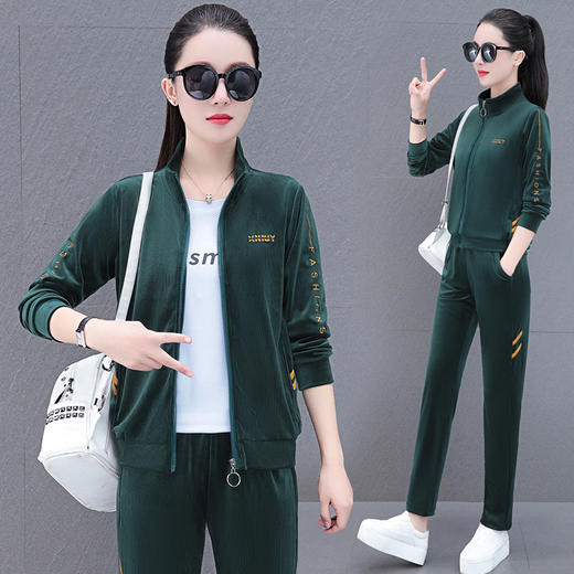 秋季金丝绒套装，新款春秋妈妈时尚跑步宽松立领运动服三件套TR-68861 商品图0