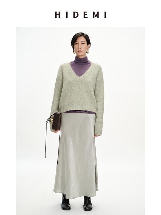 HIDEMI美利奴圈圈粗针羊毛水杉绿V领毛衣 商品图1