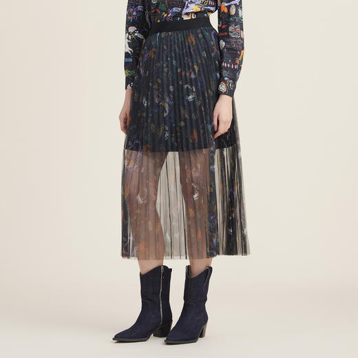 谜底2022秋新款复古印花网纱裙A型百搭百褶设计半身裙女223MB1040 商品图1