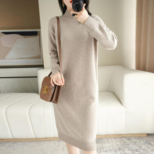 【服饰鞋包】-韩版混纺羊毛裙纯色半高领长款宽松打底衫 商品图1