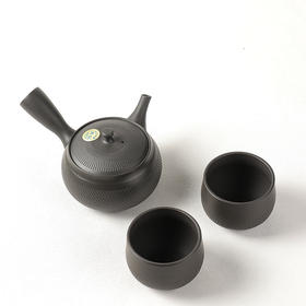 【特惠6折】日本进口常滑烧急须壶 陶仙手作黑泥雕纹一壶二杯侧把泡茶壶套装