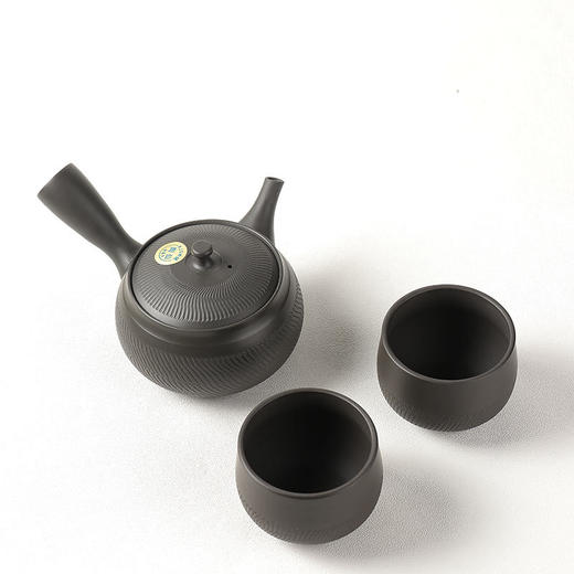 【特惠6折】日本进口常滑烧急须壶 陶仙手作黑泥雕纹一壶二杯侧把泡茶壶套装 商品图0