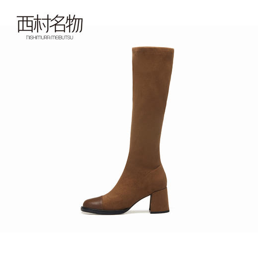西村名物女靴2022秋冬新款靴子不过膝拼接长筒靴粗跟高筒靴44491 商品图2