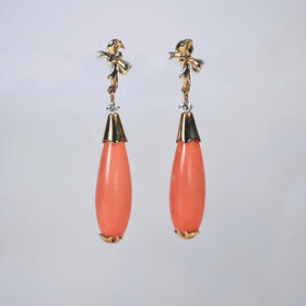 欧洲古董粉珊瑚水滴耳环