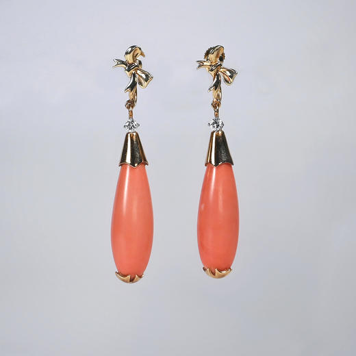 欧洲古董粉珊瑚水滴耳环 商品图0