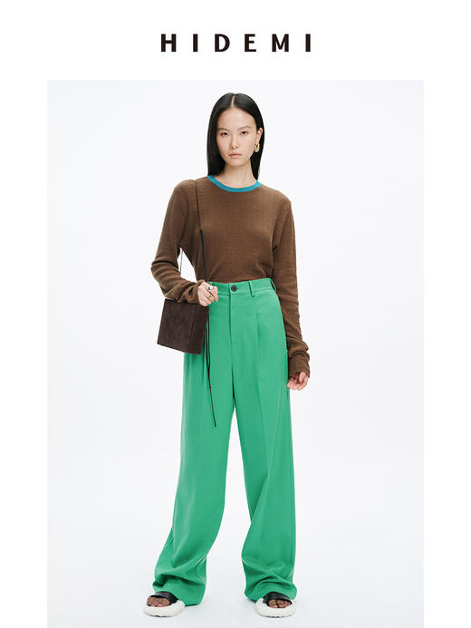 HIDEMI 圆领撞色领边花针混纺针织上衣 米棕色/棕绿色 商品图1