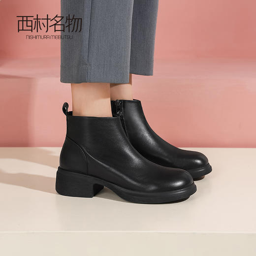 西村名物2022冬季新款奶油鞋英伦风短靴粗跟短靴女踝靴皮靴44681 商品图3