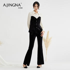 【特价不退换】阿菁娜法式优雅气质丝绒拼接修身衬衫喇叭裤两件套F27Q230003