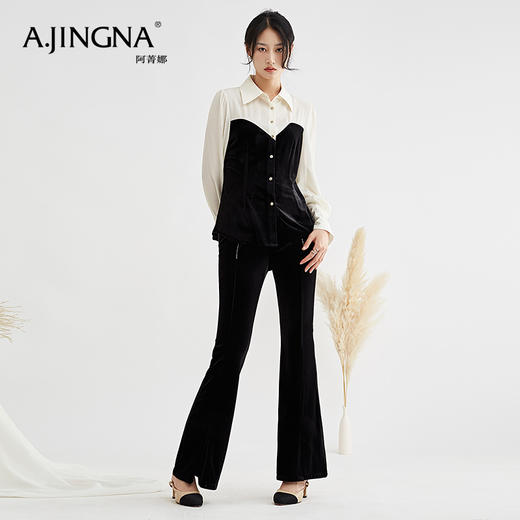【特价不退换】阿菁娜法式优雅气质丝绒拼接修身衬衫喇叭裤两件套F27Q230003 商品图0