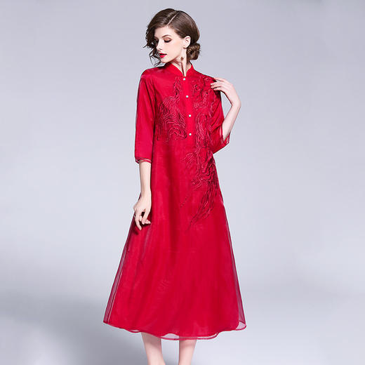 中式复古欧根纱茶服刺绣改良旗袍中长款连衣裙 YFN18156 商品图3
