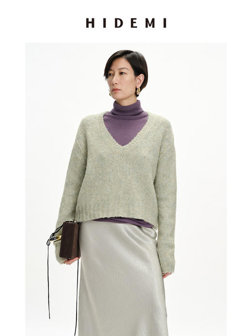 HIDEMI美利奴圈圈粗针羊毛水杉绿V领毛衣 商品图2