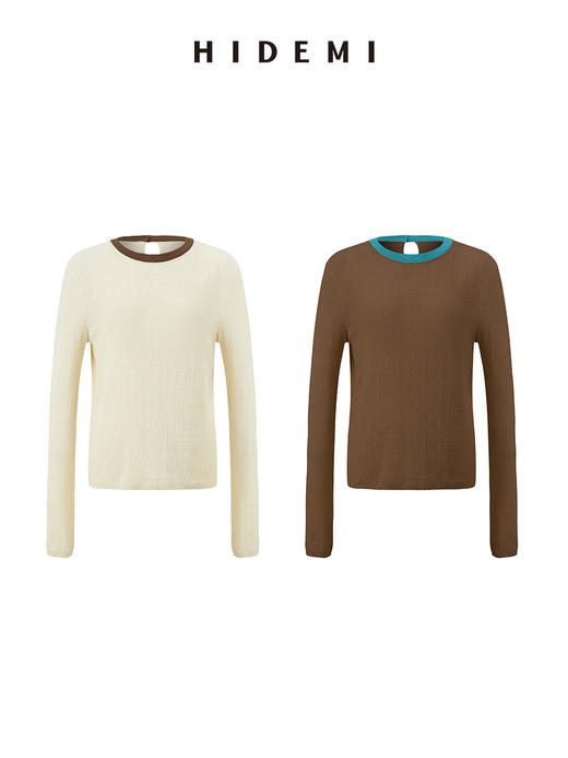 HIDEMI 圆领撞色领边花针混纺针织上衣 米棕色/棕绿色 商品图0