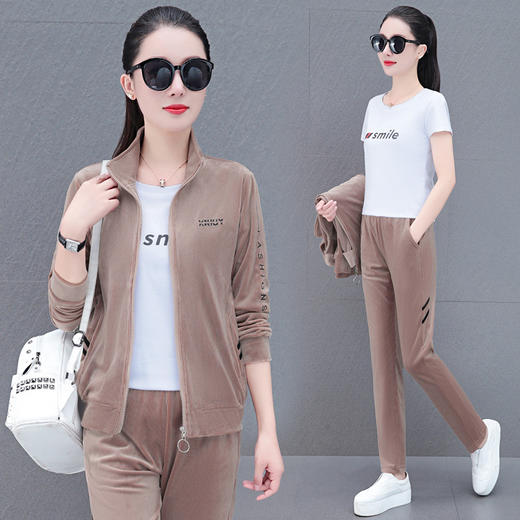 秋季金丝绒套装，新款春秋妈妈时尚跑步宽松立领运动服三件套TR-68861 商品图1