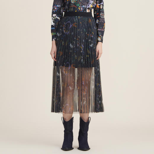 谜底2022秋新款复古印花网纱裙A型百搭百褶设计半身裙女223MB1040 商品图0