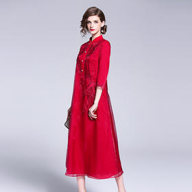 中式复古欧根纱茶服刺绣改良旗袍中长款连衣裙 YFN18156