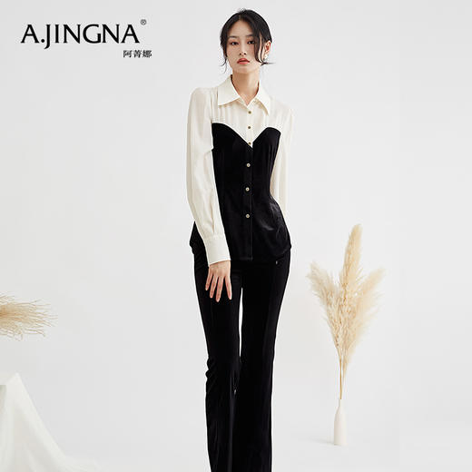 【特价不退换】阿菁娜法式优雅气质丝绒拼接修身衬衫喇叭裤两件套F27Q230003 商品图2