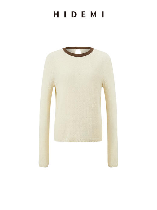 HIDEMI 圆领撞色领边花针混纺针织上衣 米棕色/棕绿色 商品图6