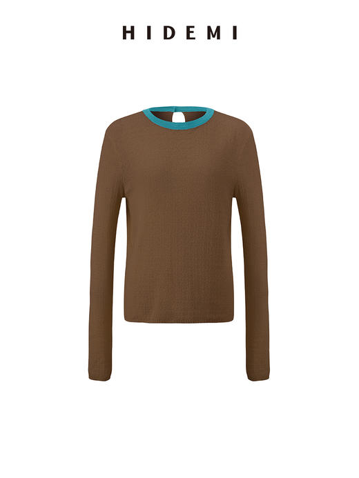 HIDEMI 圆领撞色领边花针混纺针织上衣 米棕色/棕绿色 商品图7