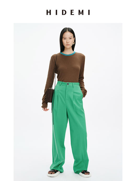 HIDEMI 圆领撞色领边花针混纺针织上衣 米棕色/棕绿色 商品图2