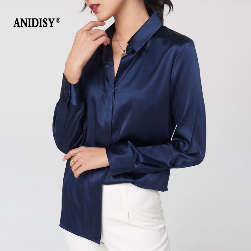 重磅弹力缎翻领长袖单排扣真丝衬衫