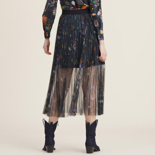 谜底2022秋新款复古印花网纱裙A型百搭百褶设计半身裙女223MB1040 商品图2