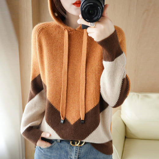 【服饰鞋包】-2022新款连帽领针织衫几何撞色加厚毛衣 商品图0