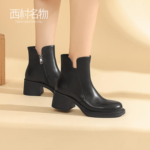 西村名物真皮切尔西靴女2022年新款春秋百搭烟筒粗跟短靴44171 商品图0