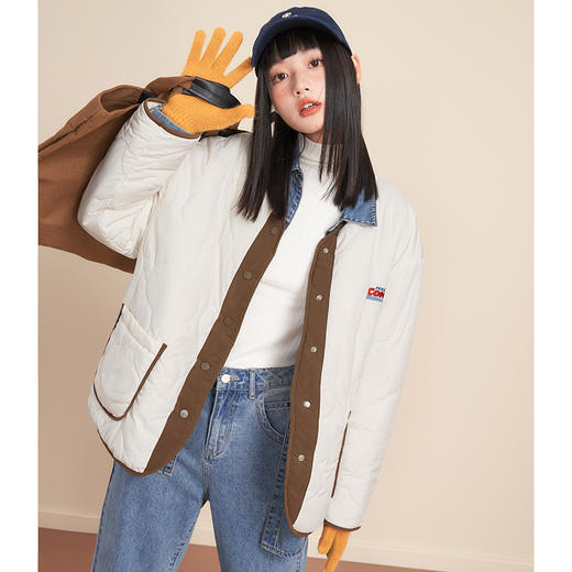 西遇休闲棉服女2022年冬季新款宽松拼接单排扣大口袋短款上衣外套D2021639 商品图2