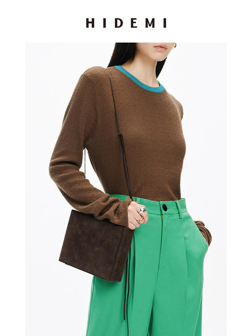 HIDEMI 圆领撞色领边花针混纺针织上衣 米棕色/棕绿色 商品图3